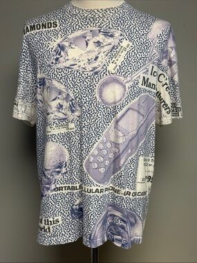 Ice Cream Men’s Graphic All Over Print T-Shirt Blue White Size L Diamonds Y2K